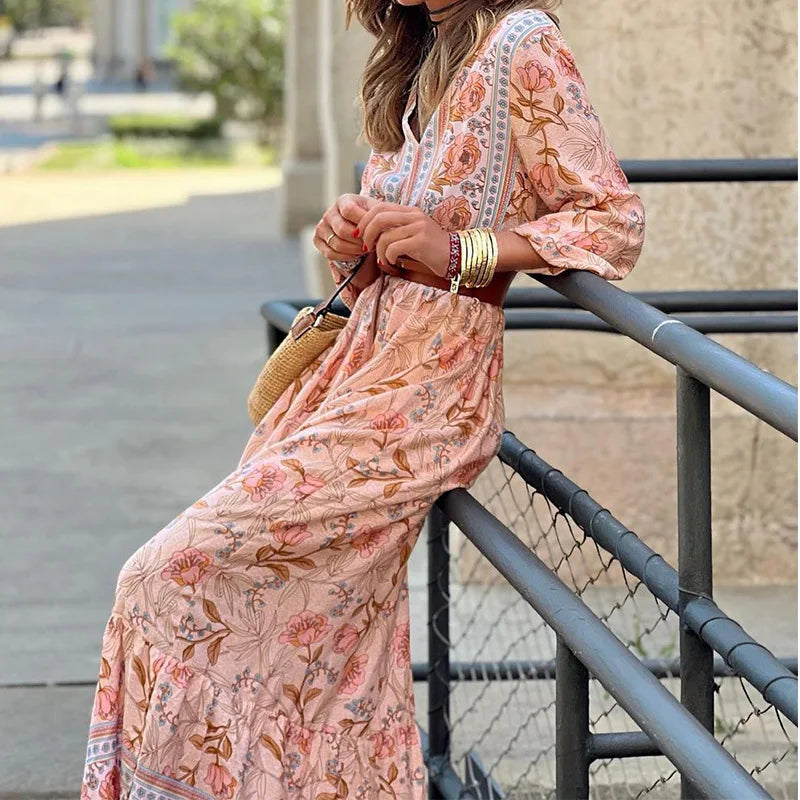 Women Elegant Long Lantern Sleeve Stand Collar Loose Maxi Dress Y2K INS Clothes Autumn Long Ruffle Bohemian Dress Women Elegant Long Lantern Sleeve Stand Collar Loose Maxi Dress Y2K INS Clothes Autumn Long Ruffle Bohemian Dress